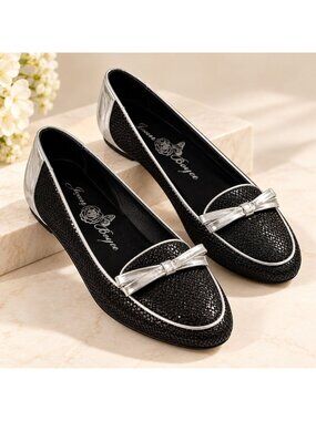 Joan Boyce Tuxedo Flats Size 7 Black Shimmer Silver Slip On Loafers Dress Shoes